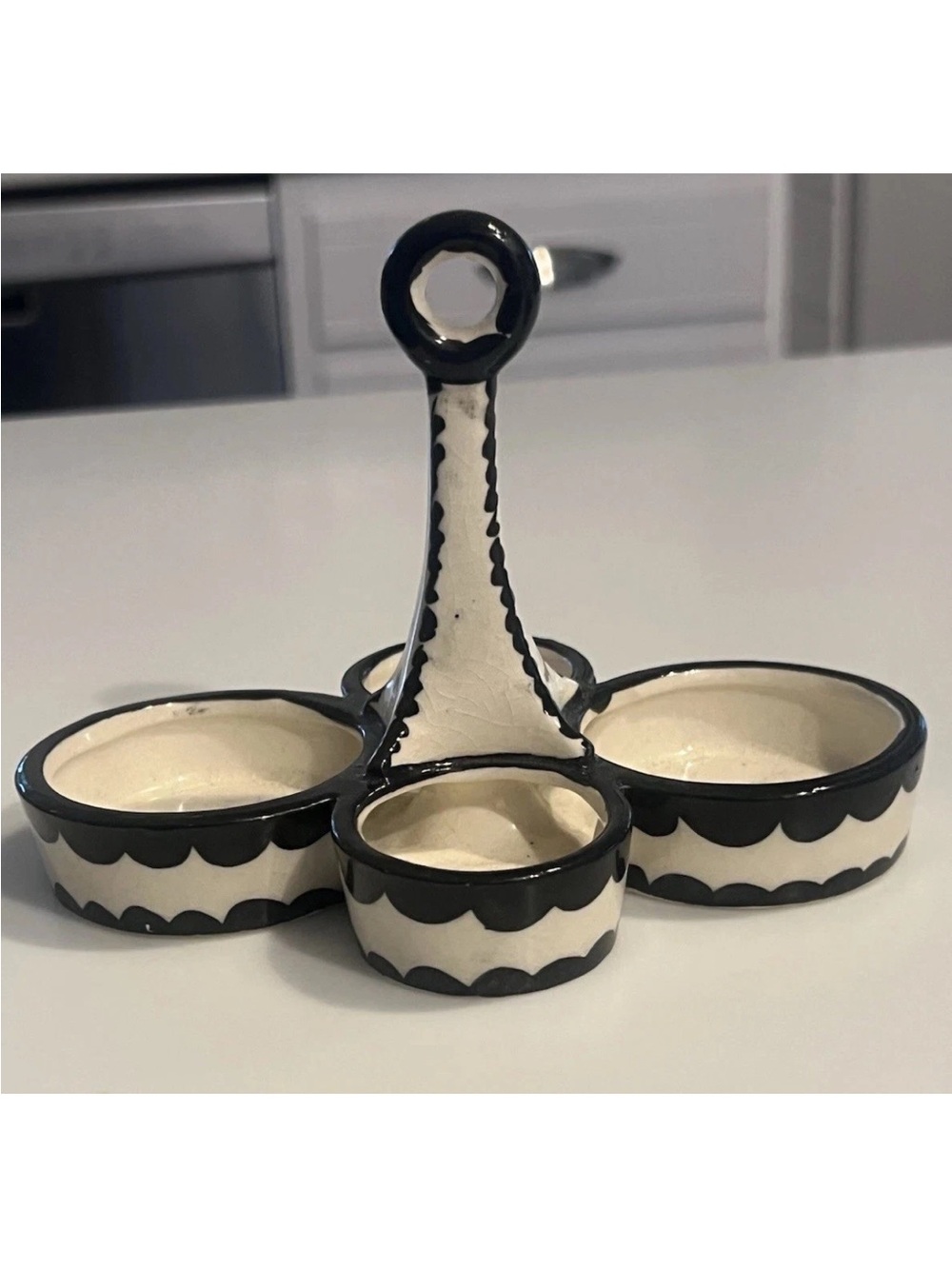 Vintage Black & White Small Handmade 4-spot Japanese Appetizer/ Condiment Tray